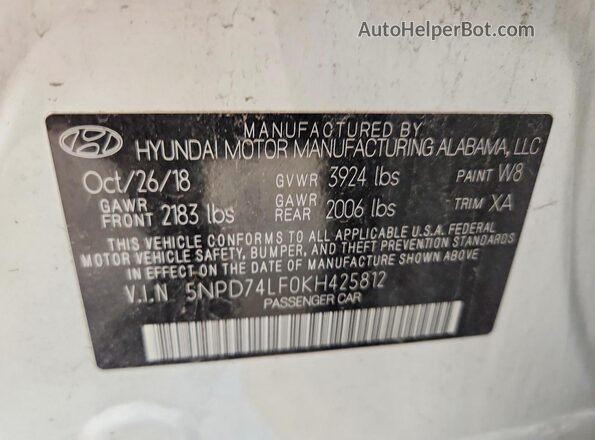 5NPD74LF0KH425812 2019 HYUNDAI ELANTRA Белый Вид подкапотного пространства
