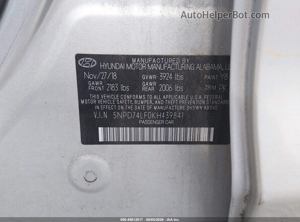 5NPD74LF0KH439841 2019 HYUNDAI ELANTRA Silver ძრავის განყოფილების ხედი