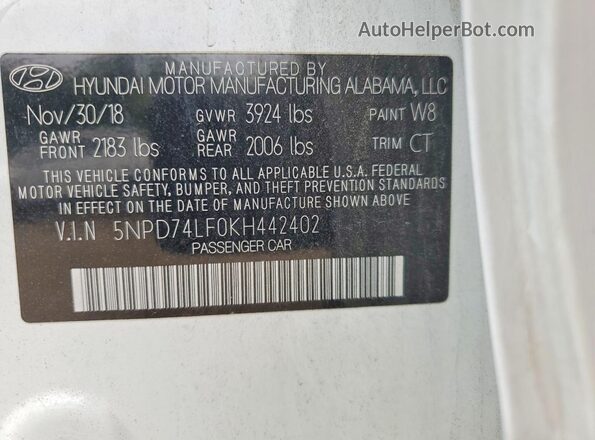 5NPD74LF0KH442402 2019 HYUNDAI ELANTRA White Շարժիչի բաժամունքի տեսք