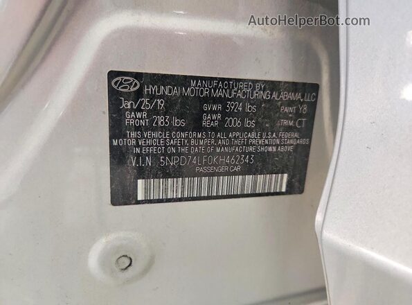 5NPD74LF0KH462343 2019 HYUNDAI ELANTRA Silver Engine compartment view