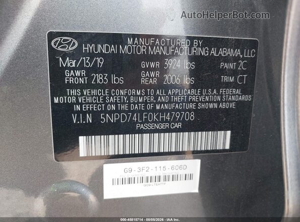 5NPD74LF0KH479708 2019 HYUNDAI ELANTRA Gray ძრავის განყოფილების ხედი