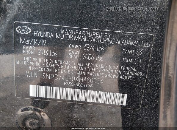 5NPD74LF0KH480034 2019 HYUNDAI ELANTRA Black Вид підкапотного простору