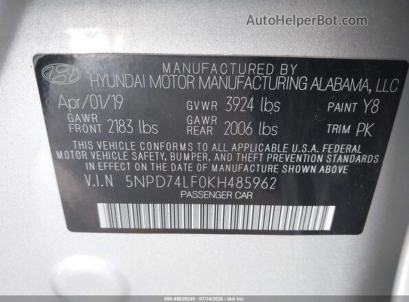 5NPD74LF0KH485962 2019 HYUNDAI ELANTRA Серебряный Вид подкапотного пространства