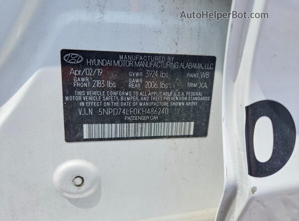 5NPD74LF0KH486240 2019 HYUNDAI ELANTRA White Engine compartment view