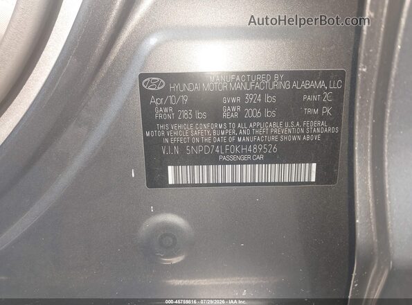 5NPD74LF0KH489526 2019 HYUNDAI ELANTRA Gray Շարժիչի բաժամունքի տեսք