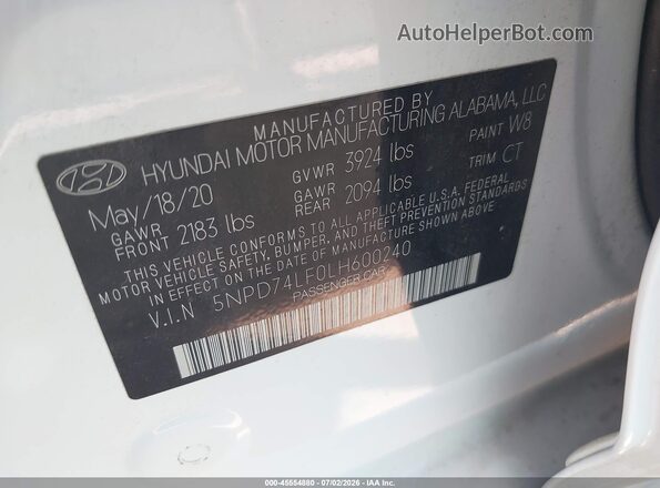 5NPD74LF0LH600240 2020 HYUNDAI ELANTRA White ძრავის განყოფილების ხედი