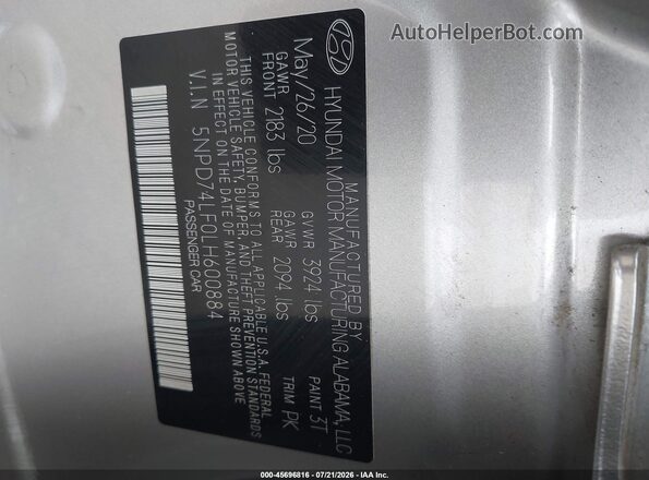 5NPD74LF0LH600884 2020 HYUNDAI ELANTRA Серебряный Вид подкапотного пространства