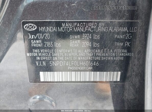 5NPD74LF0LH601646 2020 HYUNDAI ELANTRA Gray Engine compartment view