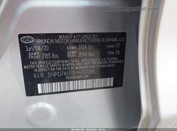 5NPD74LF0LH602084 2020 HYUNDAI ELANTRA Silver Շարժիչի բաժամունքի տեսք