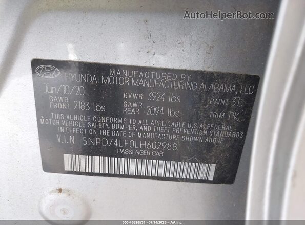 5NPD74LF0LH602988 2020 HYUNDAI ELANTRA Silver Vista del compartimento del motor