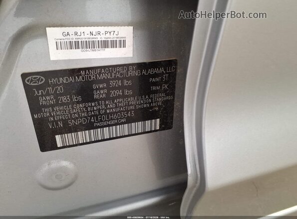 5NPD74LF0LH603543 2020 HYUNDAI ELANTRA Серебряный Вид подкапотного пространства