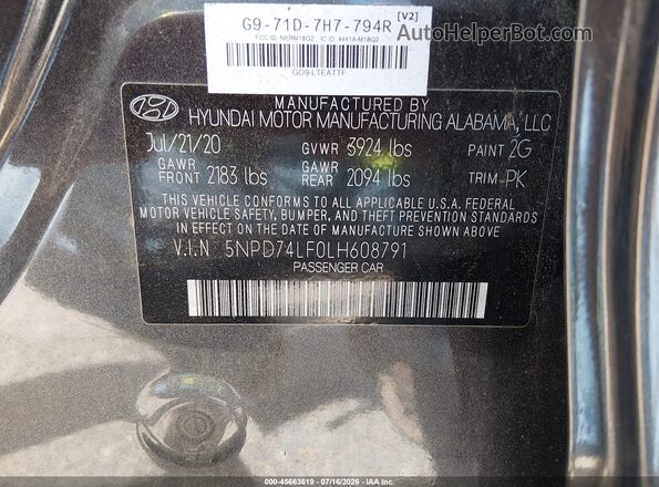5NPD74LF0LH608791 2020 HYUNDAI ELANTRA Gray Vista del compartimento del motor