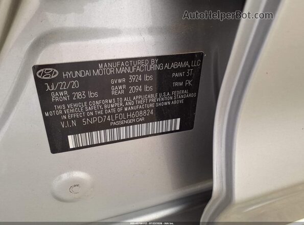 5NPD74LF0LH608824 2020 HYUNDAI ELANTRA Gray Widok komory silnika
