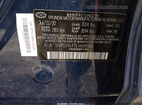 5NPD74LF0LH608984 2020 HYUNDAI ELANTRA Blue Widok komory silnika