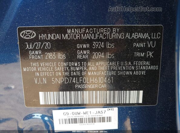 5NPD74LF0LH610461 2020 HYUNDAI ELANTRA Blue Вид підкапотного простору