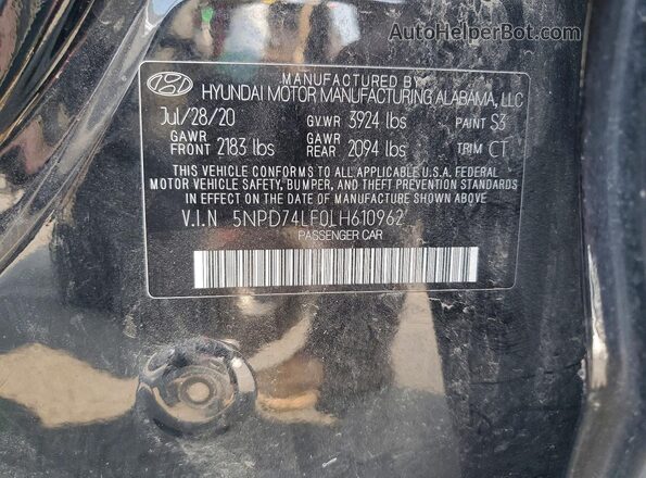 5NPD74LF0LH610962 2020 HYUNDAI ELANTRA Black Vista del compartimento del motor