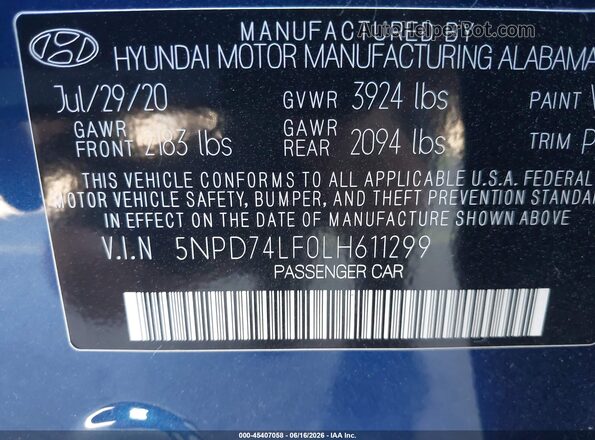5NPD74LF0LH611299 2020 HYUNDAI ELANTRA Dark Blue ძრავის განყოფილების ხედი