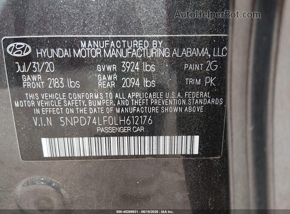 5NPD74LF0LH612176 2020 HYUNDAI ELANTRA Gray Вид підкапотного простору