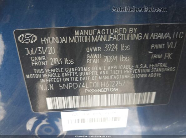 5NPD74LF0LH612257 2020 HYUNDAI ELANTRA Blue ძრავის განყოფილების ხედი