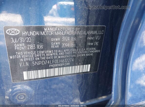 5NPD74LF0LH612274 2020 HYUNDAI ELANTRA Blue Widok komory silnika