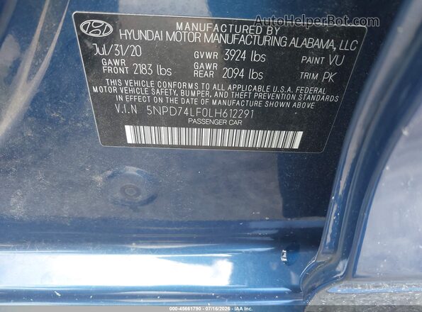 5NPD74LF0LH612291 2020 HYUNDAI ELANTRA Синий Вид подкапотного пространства