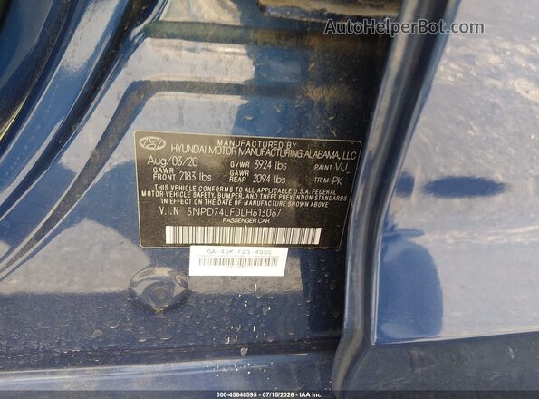 5NPD74LF0LH613067 2020 HYUNDAI ELANTRA Blue ძრავის განყოფილების ხედი