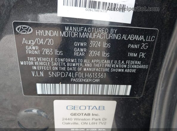 5NPD74LF0LH613361 2020 HYUNDAI ELANTRA Gray ძრავის განყოფილების ხედი