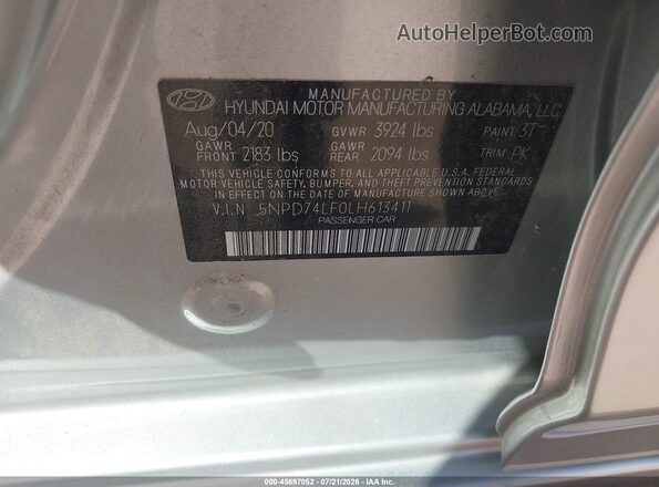 5NPD74LF0LH613411 2020 HYUNDAI ELANTRA Silver Engine compartment view