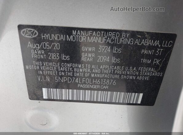 5NPD74LF0LH613876 2020 HYUNDAI ELANTRA Серебряный Вид подкапотного пространства