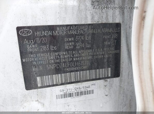 5NPD74LF0LH615711 2020 HYUNDAI ELANTRA White Շարժիչի բաժամունքի տեսք