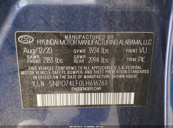 5NPD74LF0LH616261 2020 HYUNDAI ELANTRA Синий Вид подкапотного пространства
