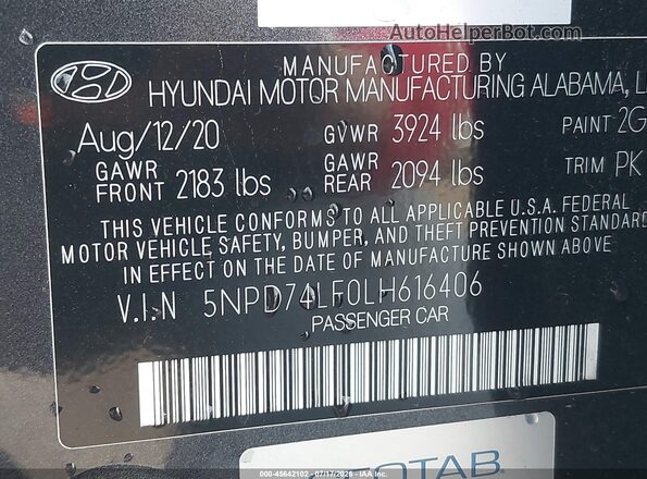5NPD74LF0LH616406 2020 HYUNDAI ELANTRA Gray ძრავის განყოფილების ხედი