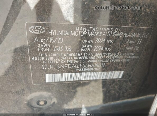 5NPD74LF0LH618012 2020 HYUNDAI ELANTRA Black Engine compartment view