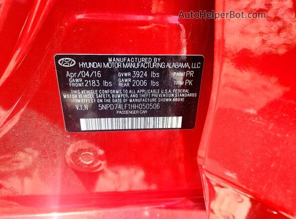 5NPD74LF1HH050506 2017 HYUNDAI ELANTRA Red Вид підкапотного простору