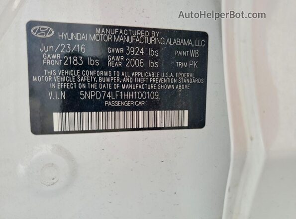 5NPD74LF1HH100109 2017 HYUNDAI ELANTRA Белый Вид наклейки с VIN-кодом