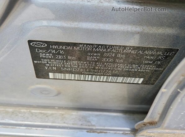 5NPD74LF1HH172637 2017 HYUNDAI ELANTRA Silver Widok naklejki z numerem VIN