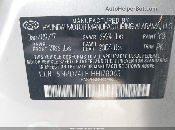 5NPD74LF1HH178065 2017 HYUNDAI ELANTRA Silver Vista del compartimento del motor