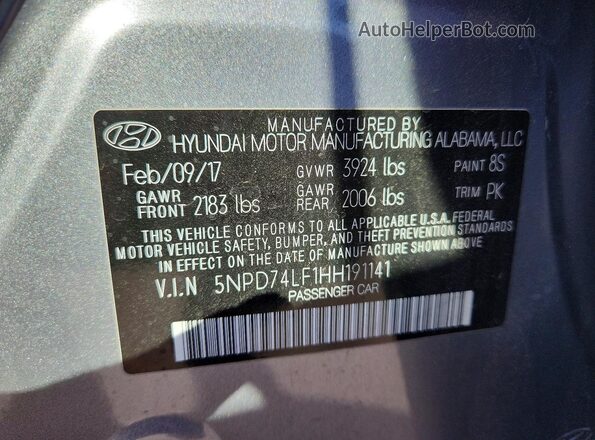 5NPD74LF1HH191141 2017 HYUNDAI ELANTRA Gray ძრავის განყოფილების ხედი