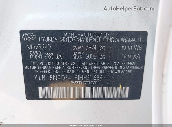 5NPD74LF1HH211839 2017 HYUNDAI ELANTRA Белый Вид подкапотного пространства