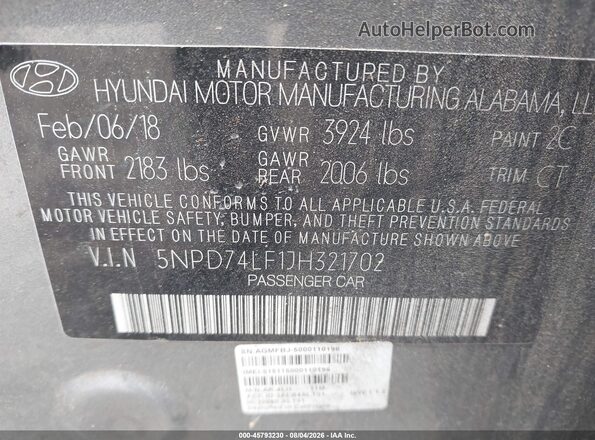 5NPD74LF1JH321702 2018 HYUNDAI ELANTRA Gray Vista del compartimento del motor