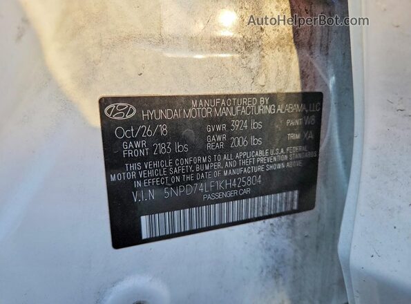 5NPD74LF1KH425804 2019 HYUNDAI ELANTRA White VIN կոդի պիտակի տեսք