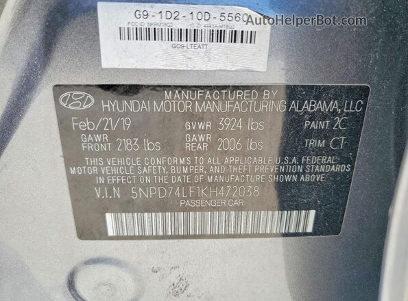 5NPD74LF1KH472038 2019 HYUNDAI ELANTRA Gray Vista del compartimento del motor