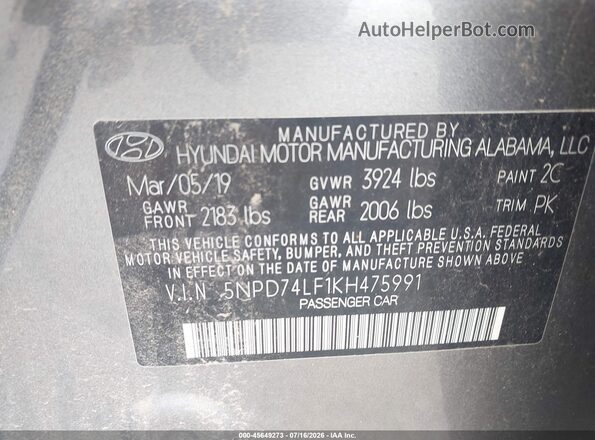 5NPD74LF1KH475991 2019 HYUNDAI ELANTRA Gray Widok komory silnika