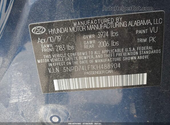 5NPD74LF1KH488904 2019 HYUNDAI ELANTRA Blue Շարժիչի բաժամունքի տեսք