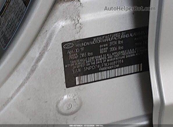 5NPD74LF1KH489194 2019 HYUNDAI ELANTRA Silver Вид підкапотного простору