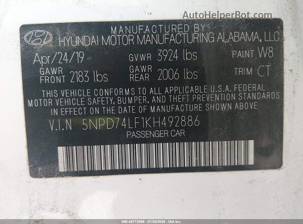 5NPD74LF1KH492886 2019 HYUNDAI ELANTRA White Вид підкапотного простору