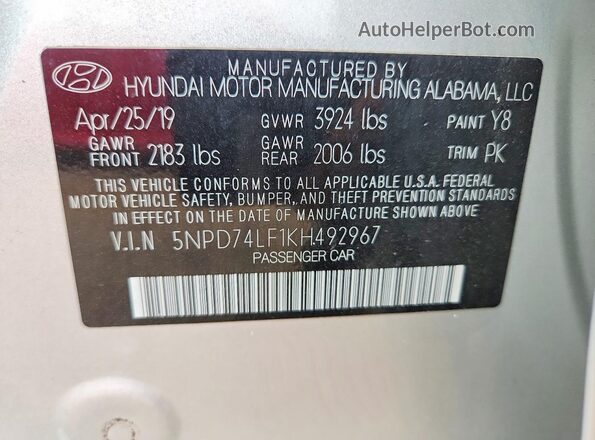 5NPD74LF1KH492967 2019 HYUNDAI ELANTRA Silver Շարժիչի բաժամունքի տեսք