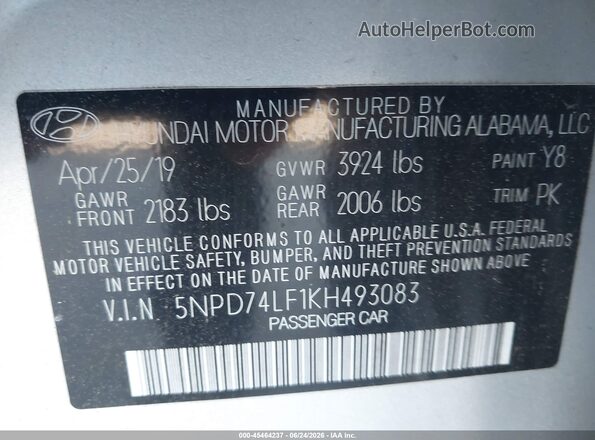 5NPD74LF1KH493083 2019 HYUNDAI ELANTRA Silver Вид підкапотного простору