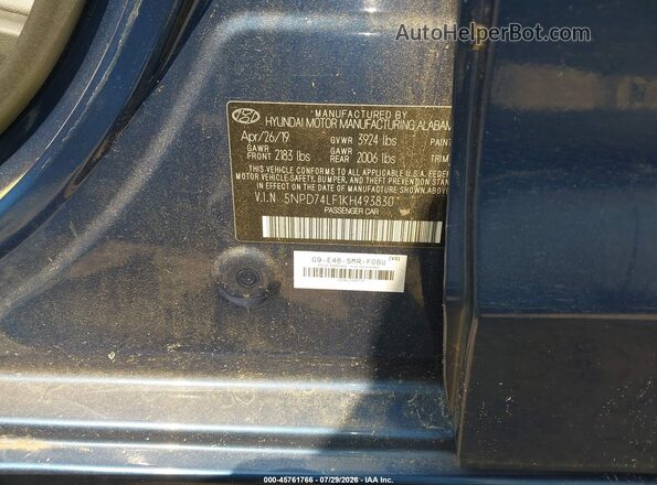 5NPD74LF1KH493830 2019 HYUNDAI ELANTRA Blue Вид підкапотного простору