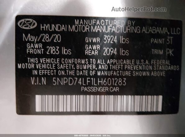 5NPD74LF1LH601283 2020 HYUNDAI ELANTRA Silver ძრავის განყოფილების ხედი